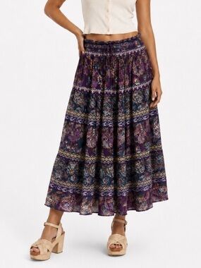 Vintage 90s Principles India Cotton Bohemian Paisley Floral Skirt O/S 12”-23” W
